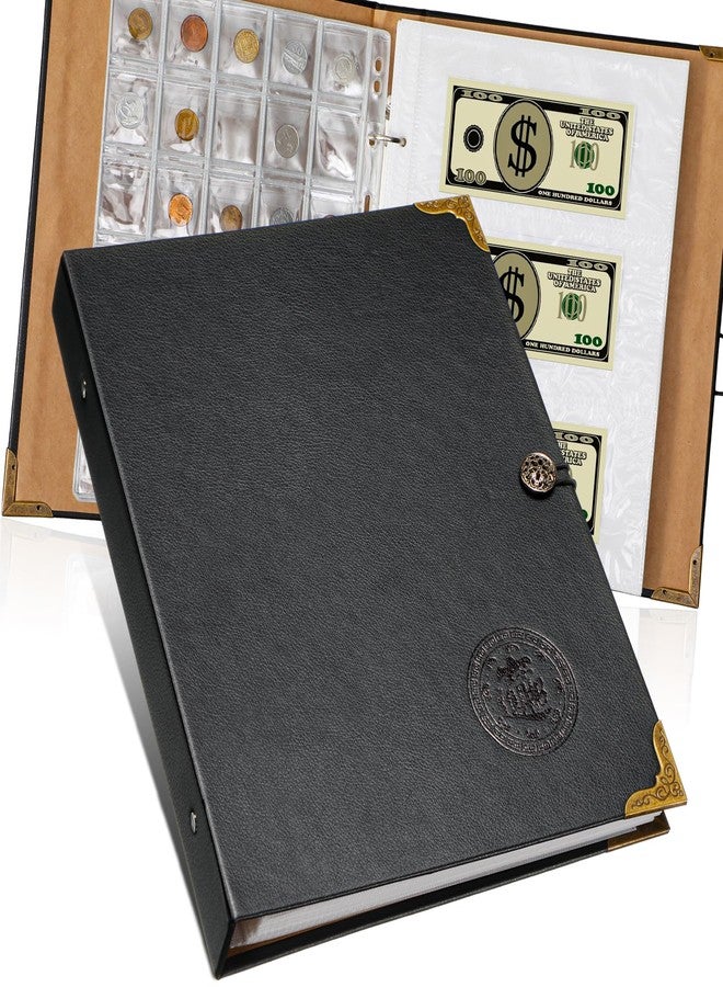 Zonon Currency Album Coin Collecting Book Holder with 150 Coin Pockets and 240 Paper Currency Pockets, PU Leather Album Collection Book Penny Storage(Black) - Image 1